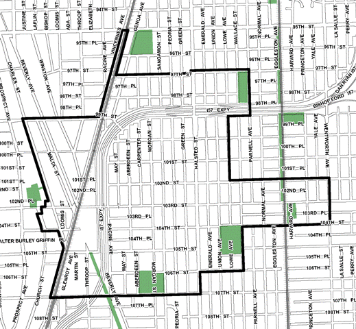 105th/Vincennes TIF district, roughly bounded on the north by 103rd Street, 107th Street on the south, the I-57 Expressway on the east, and Vincennes Avenue on the west.